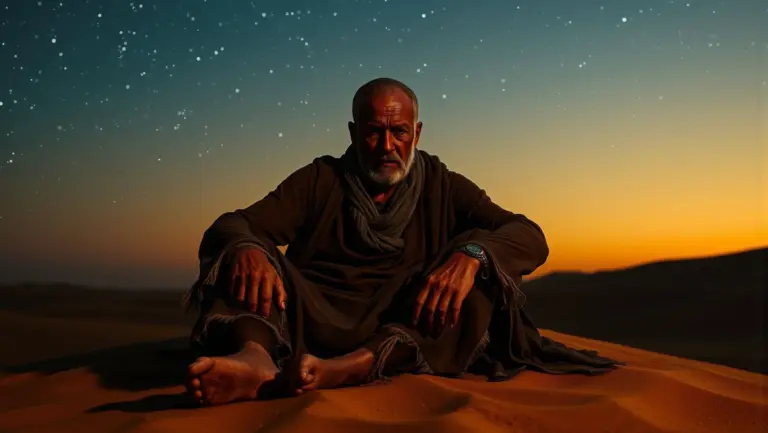 Man grieving in the Sahara desert at twilight.