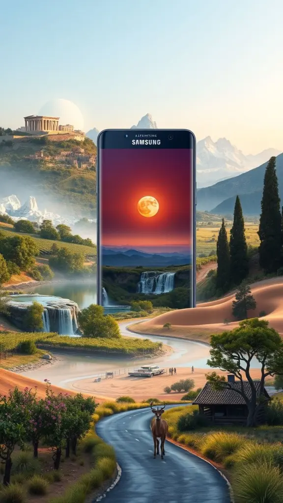 A sleek Samsung device placed within a vibrant, multi-environment landscape.
