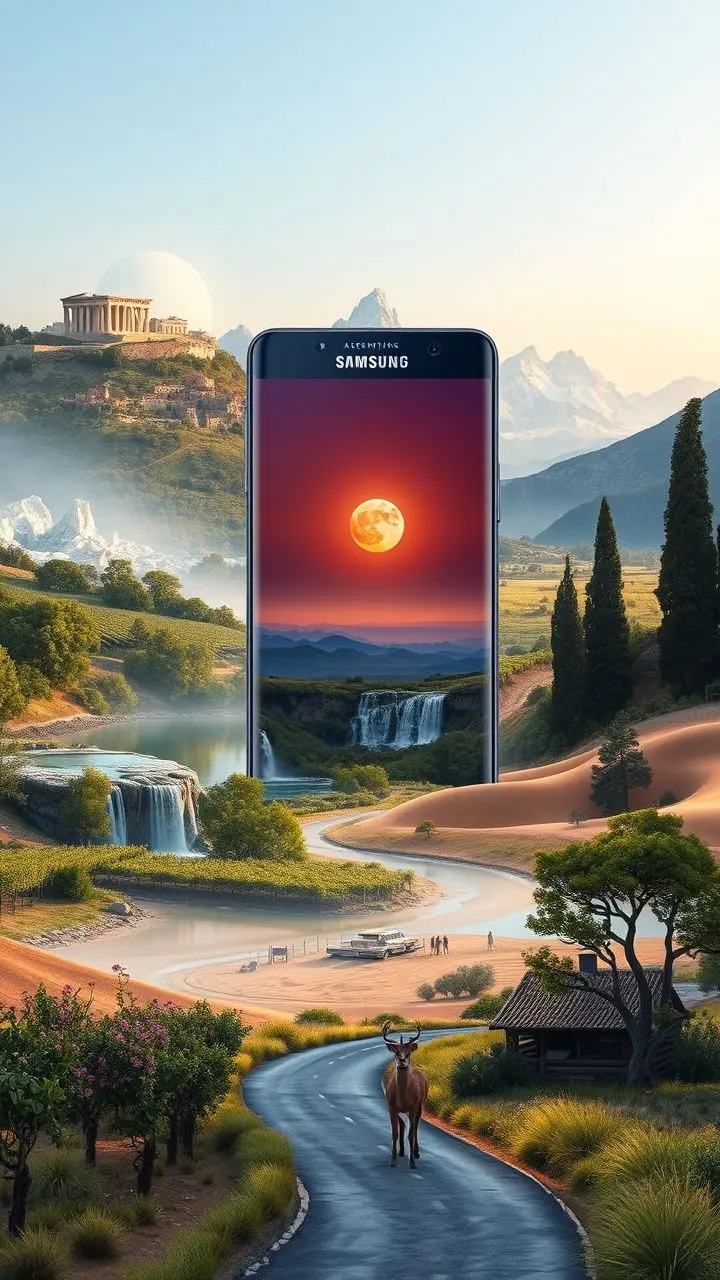 A sleek Samsung device placed within a vibrant, multi-environment landscape.