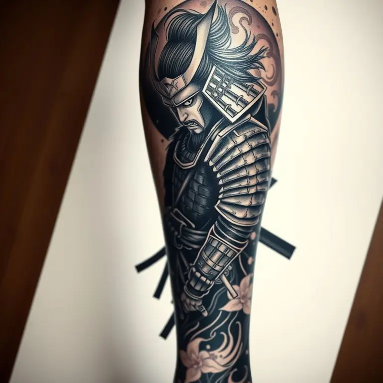 Detailed Japanese samurai tattoo on a calf.