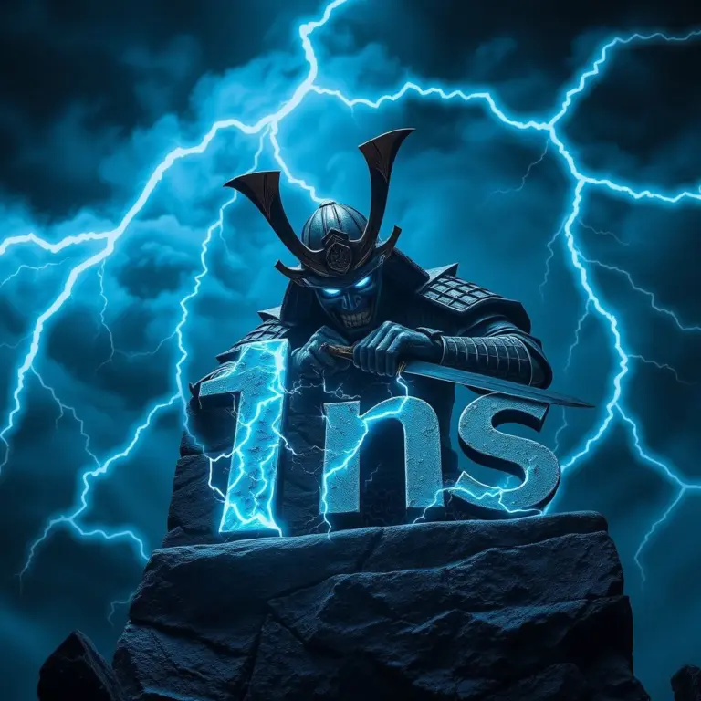 Samurai striking an inscription during a lightning storm.