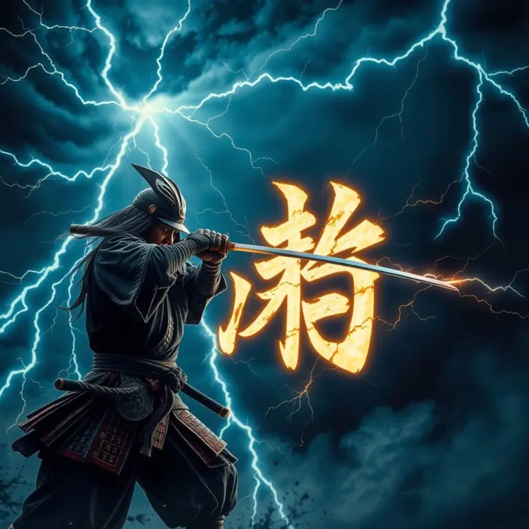 Samurai warrior slicing a glowing lightning inscription.