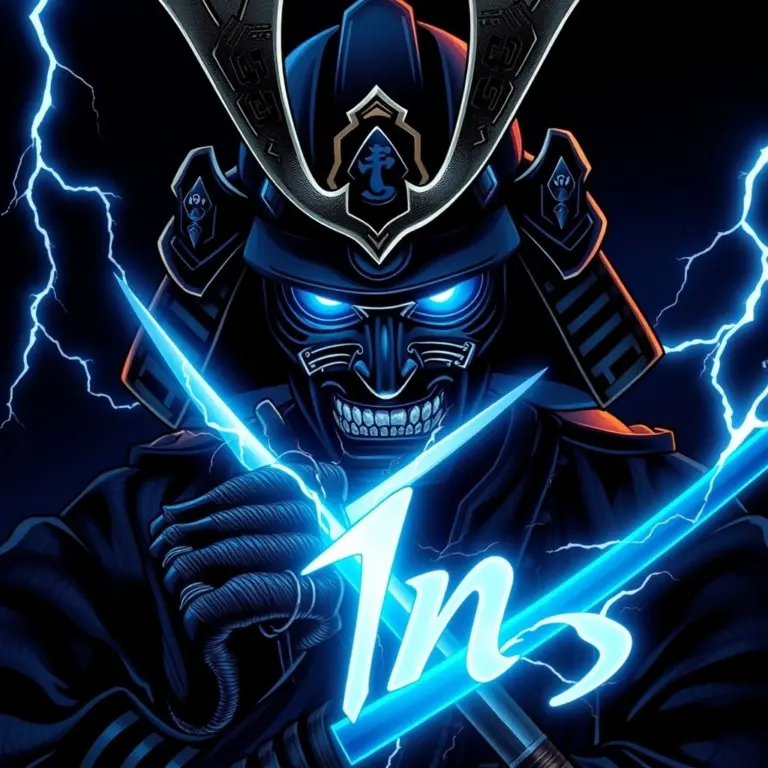 Samurai with luminous blue eyes and a glowing sword in a dark, lightning-filled environment.