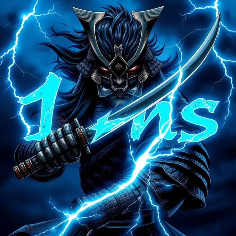 Samurai warrior with glowing blue eyes, slicing through a cyan lightning-bolt inscription in a stormy dark blue sky with lightning.