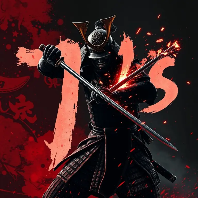Samurai warrior slashing an illuminated inscription '1ns'.