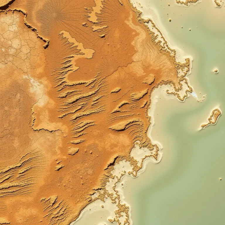 Top down abstract landscape texture with erosion patterns and coastline.