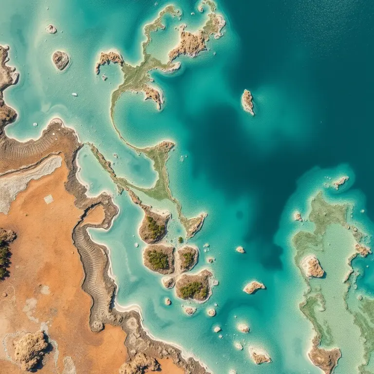 Top down abstract texture, satellite view of eroded coastline.