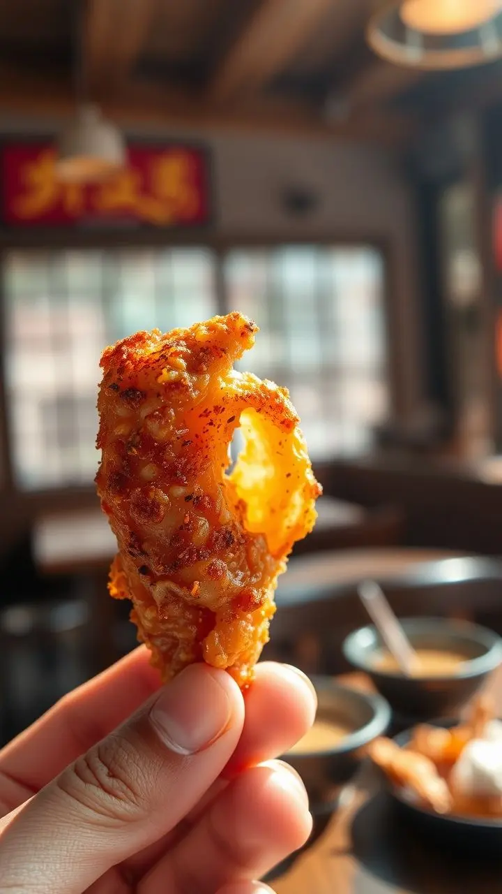 Crispy chicken claw snack with glaze, lit by natural light.