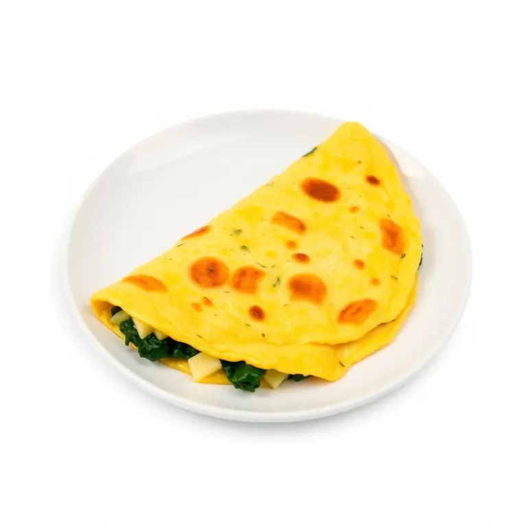 Spinach and feta omelet on a white plate.