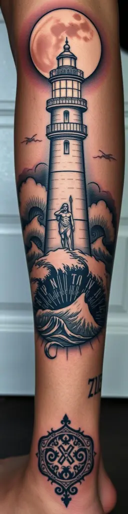 Calf tattoo of a lighthouse and Poseidon in scarification style.