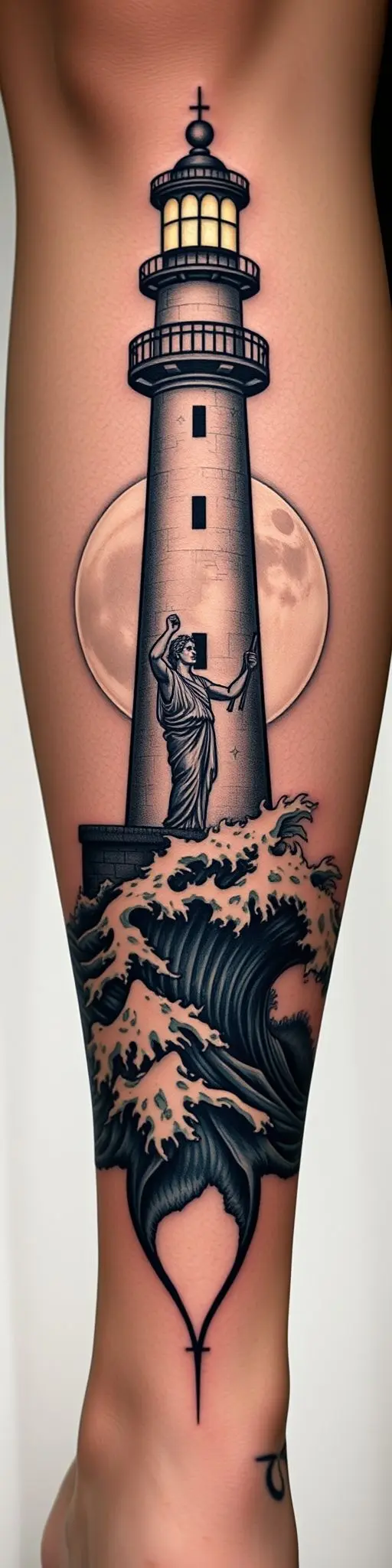 Scarification tattoo design of lighthouse and Poseidon on a calf.