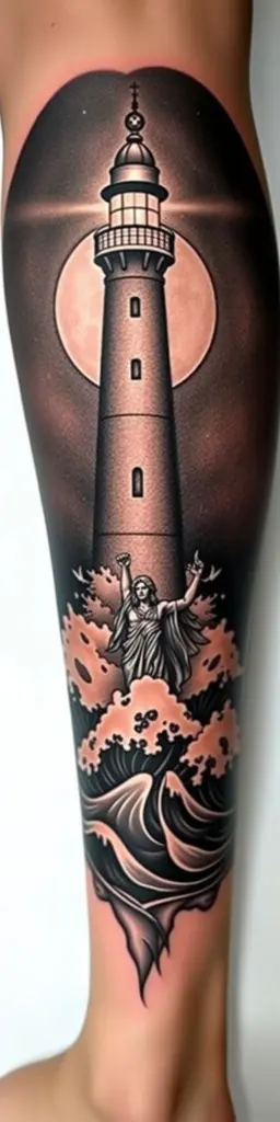 Calf tattoo design with lighthouse, moon, and Poseidon in scarification style.