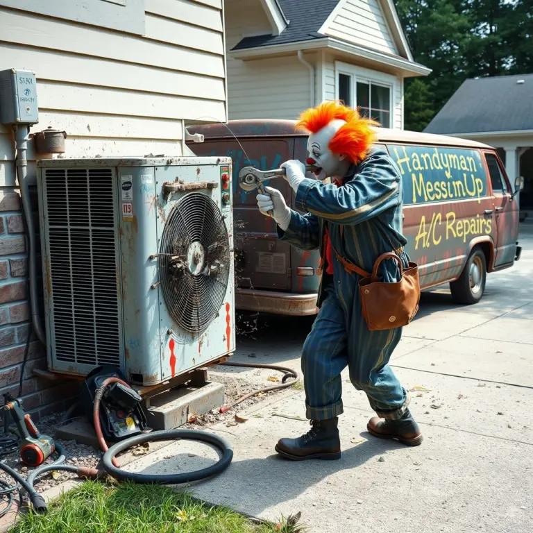 Scary clown destroying an air conditioner with a wrench.