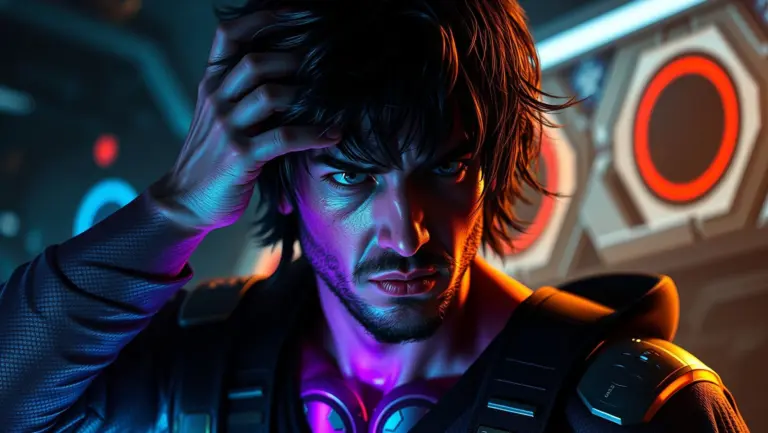 Man with disheveled hair, concerned expression, and glowing clothing elements in a sci-fi environment.