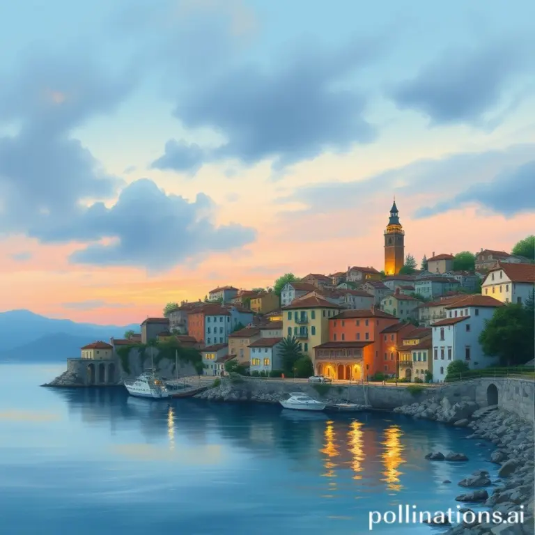 Watercolor painting of a quiet seaside town at dusk.