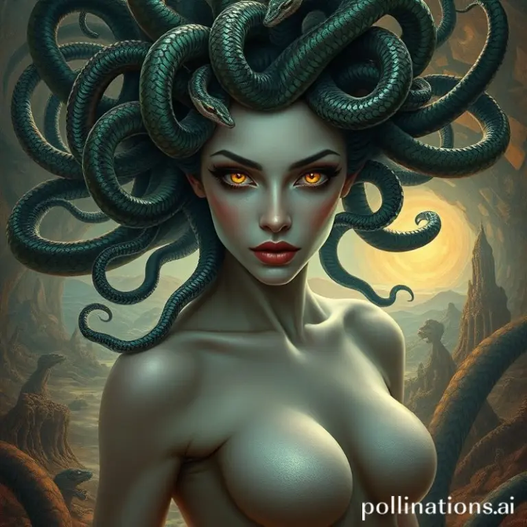 Surreal illustration of a Medusa demoness with glowing eyes and snake hair.