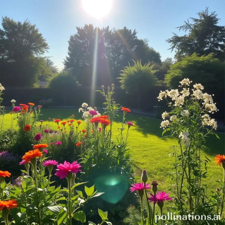Sunlit garden with vibrant flowers