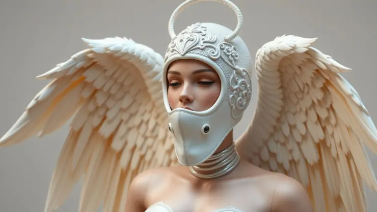 Blonde yoga angel in full body suit with headgear and mouthpiece.
