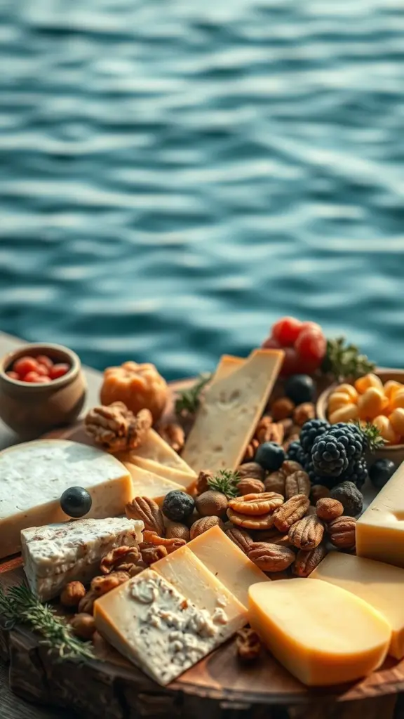 Artisan cheese board with fruits and nuts, featuring subtle tide and music elements.