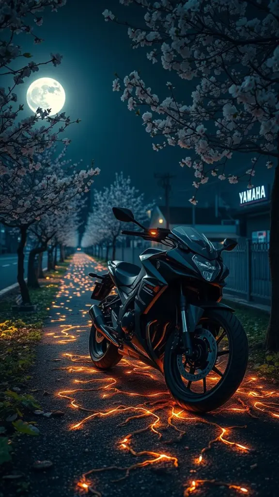 Cherry blossom path with a Yamaha motorcycle, moon, glowing roots, and neon lights.