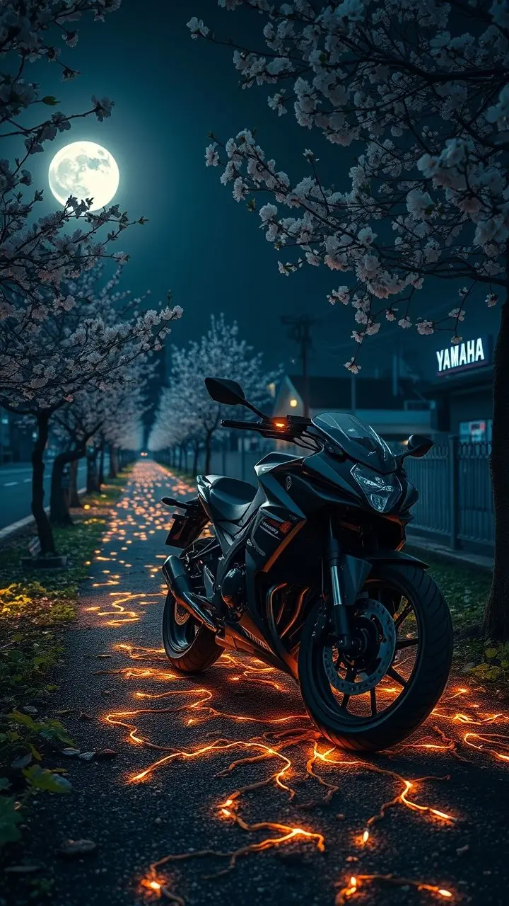 Cherry blossom path with a Yamaha motorcycle, moon, glowing roots, and neon lights.