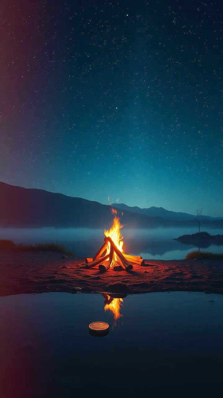 Campfire with a penny under a starry night sky.