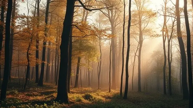 Calming forest scene with clay-colored trees and soft lighting.