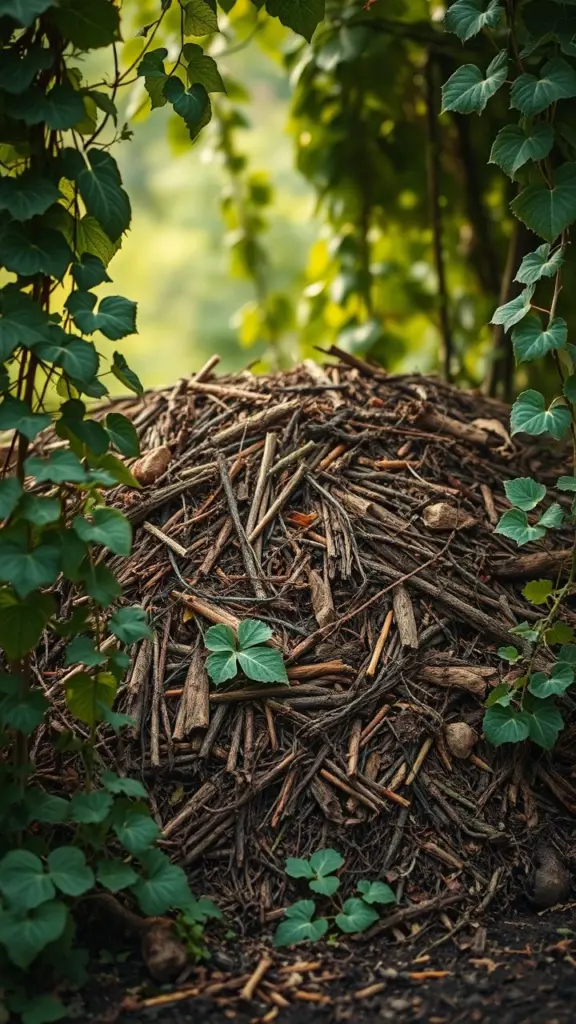 Vintage photo of a calm compost pile with vines.