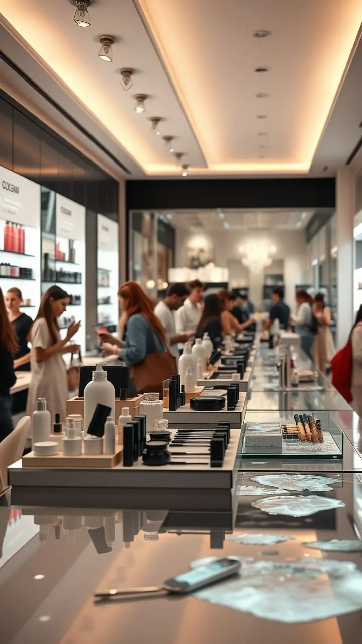 Bustling cosmetics counter with testers, soft lighting, shoppers, and surreal water elements.
