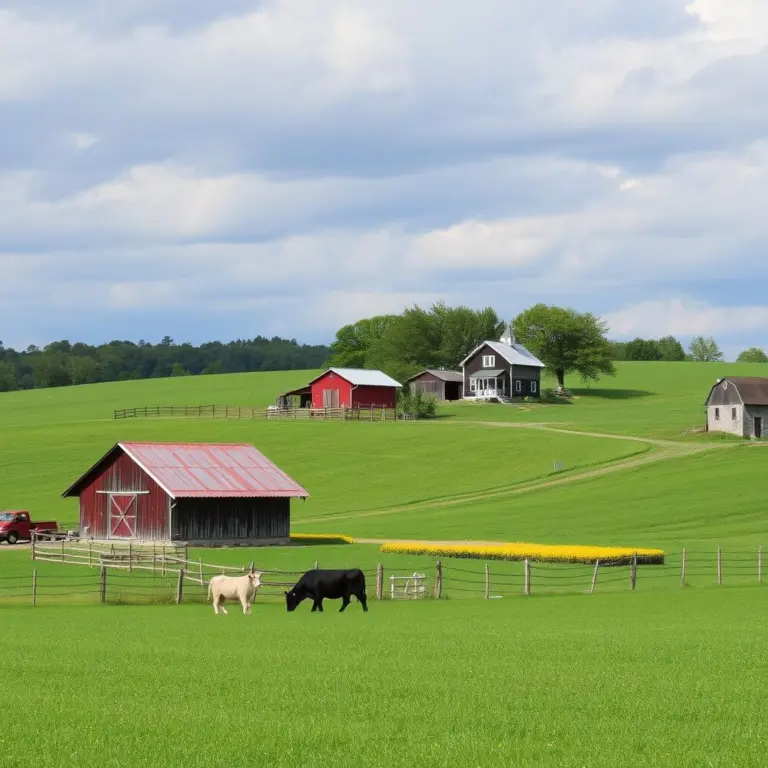 A peaceful country farm scene with a farmhouse and pond.