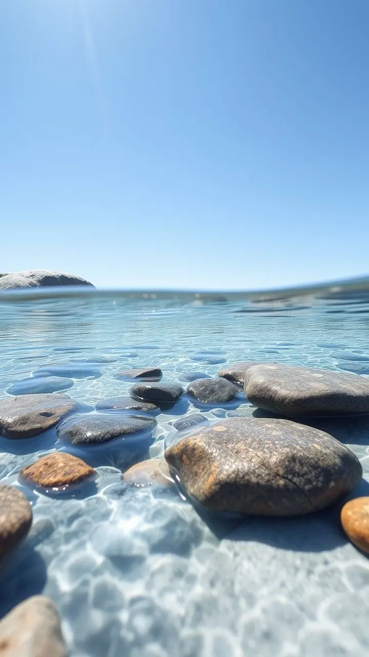 Minimalist scene with clear water and smooth stones.