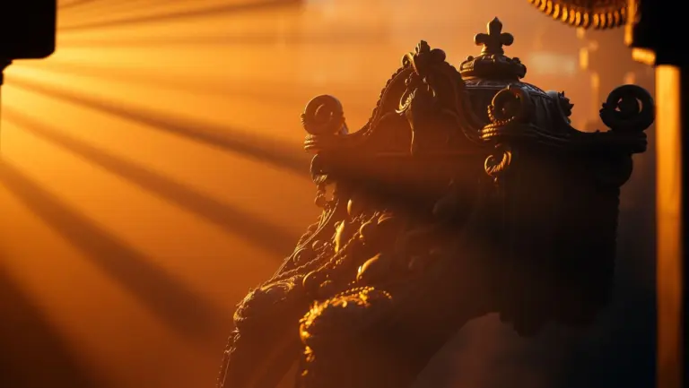 Symbolic scene at dawn with soft light, intricate details, and dramatic shadows.