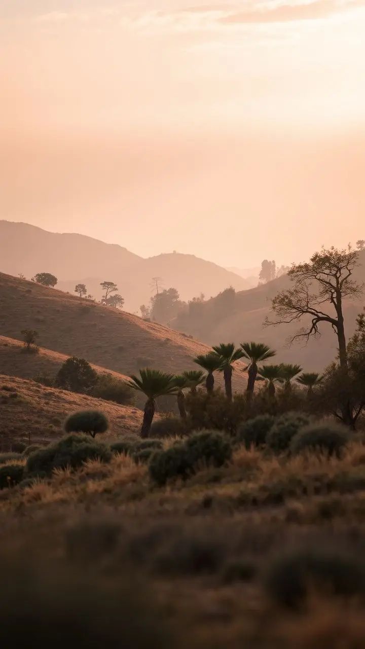 Peaceful landscape with soft natural light and earthy colors.