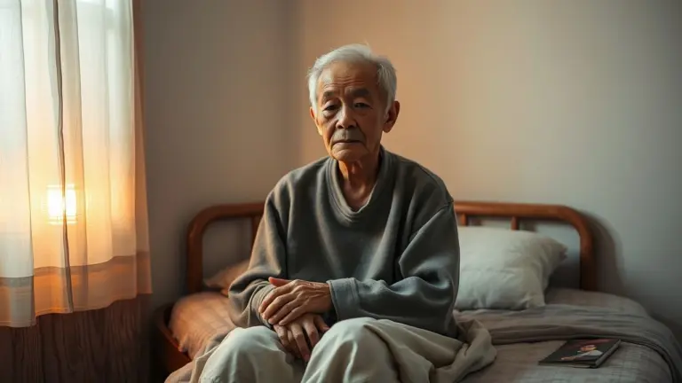 Elderly Asian person sitting on a bed with soft lighting.