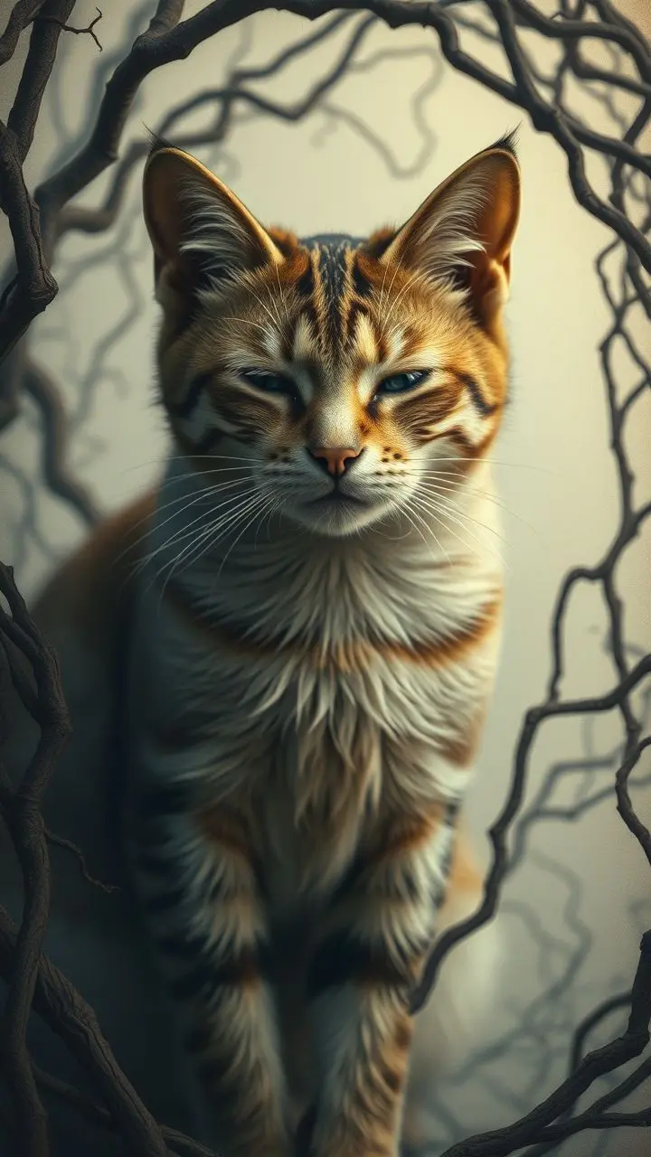 Cat blinking slowly amidst abstract, twisting structures, with Gum Bichromate texture and deep shadows.