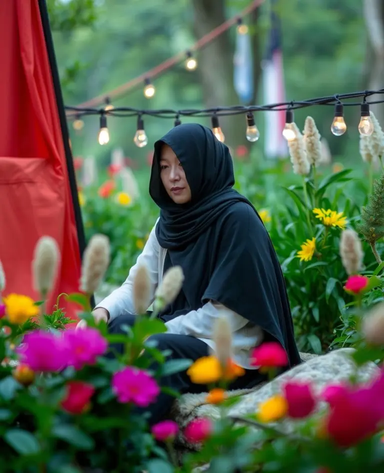 Figure in white undergarments with flowers, no face visible.