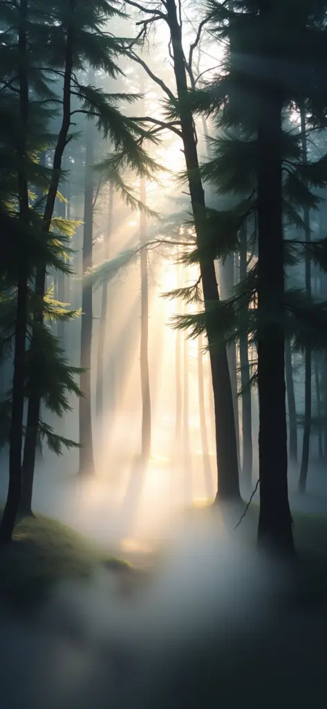 Watercolor painting of a misty forest at sunrise.