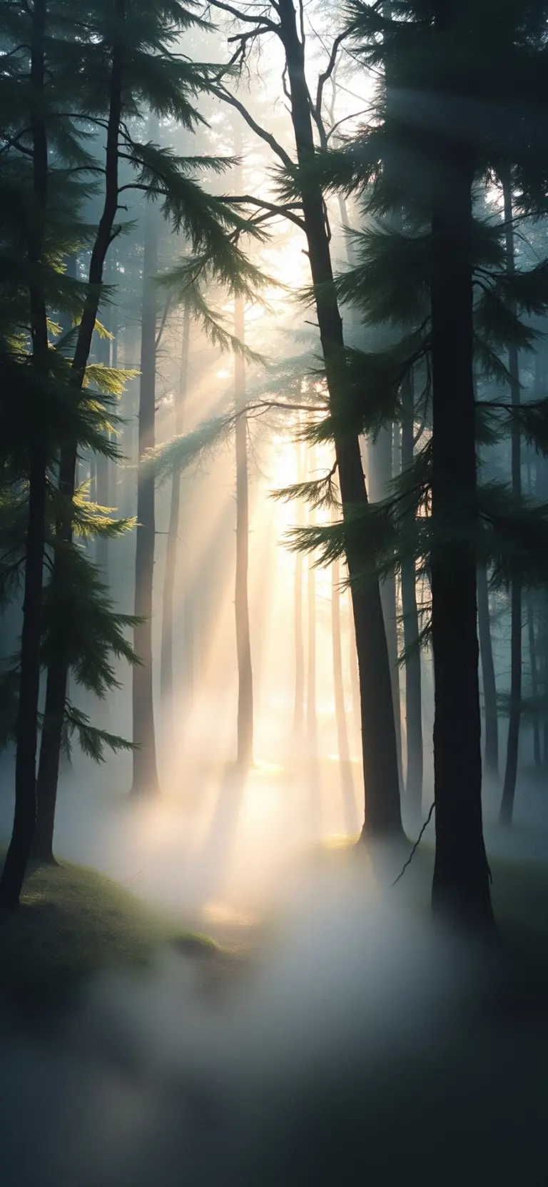 Watercolor painting of a misty forest at sunrise.