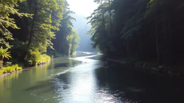 River flowing through a forest valley with sunlight.
