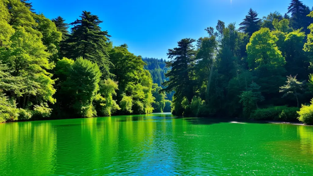 River flowing through green forest with sunlight.