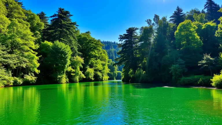 River flowing through green forest with sunlight.