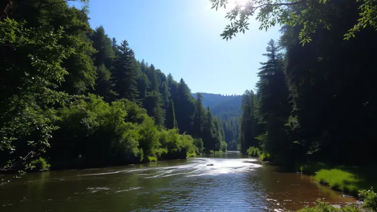 Stream in a green forest valley with sunlight.