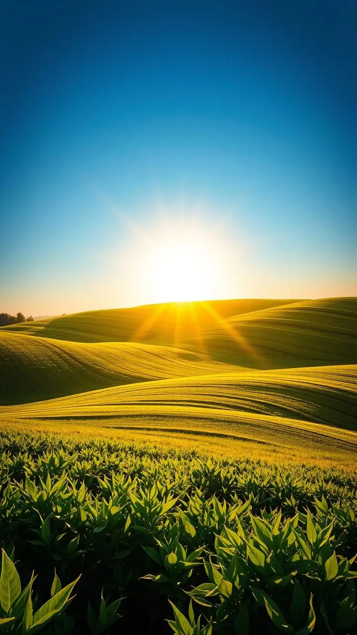 Green fields meeting a blue sky with golden sunlight, showing balanced contrast.