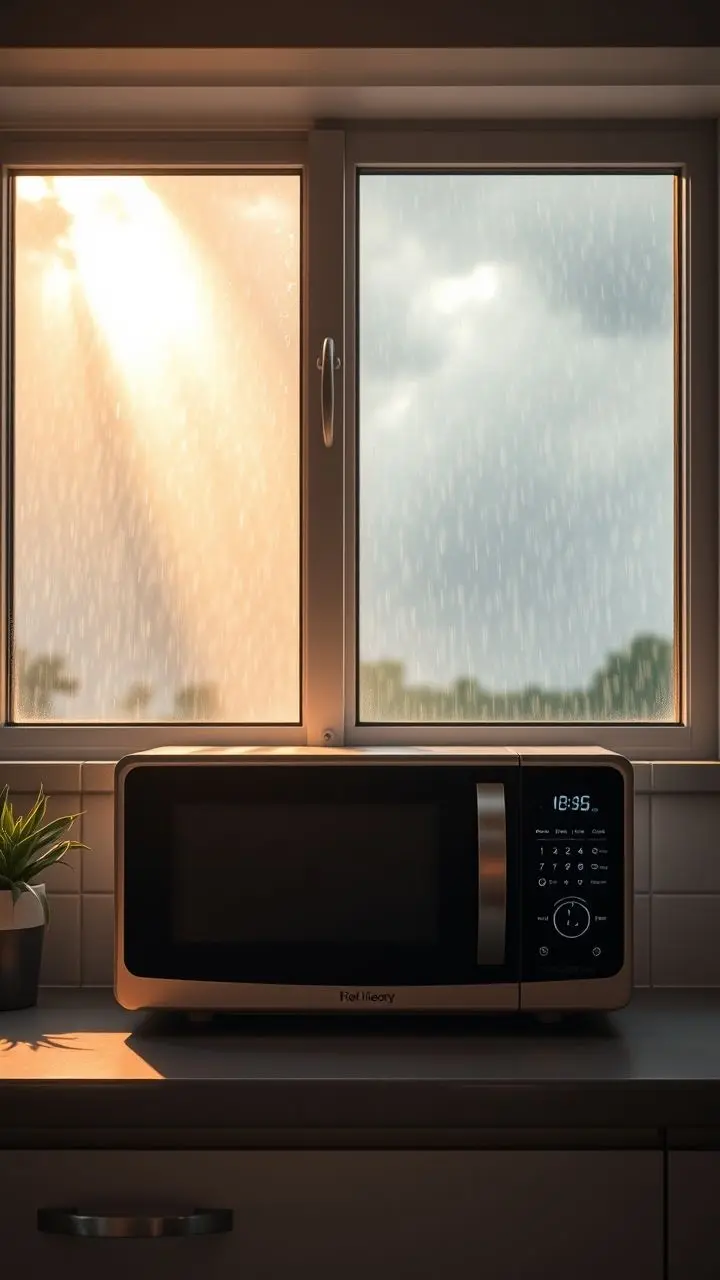 Modern smart microwave in a sunlit kitchen during a heavy rainstorm.