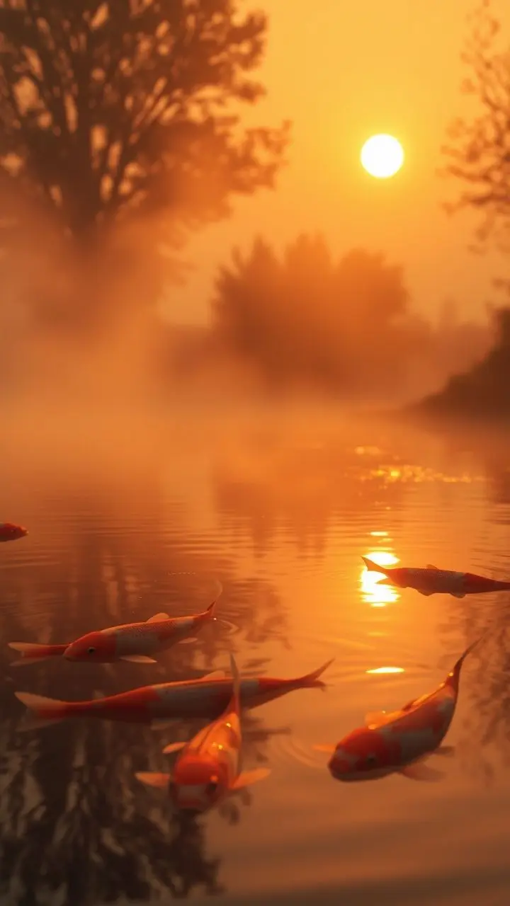 Minimalist koi pond at sunset with flares and subtle futuristic elements.