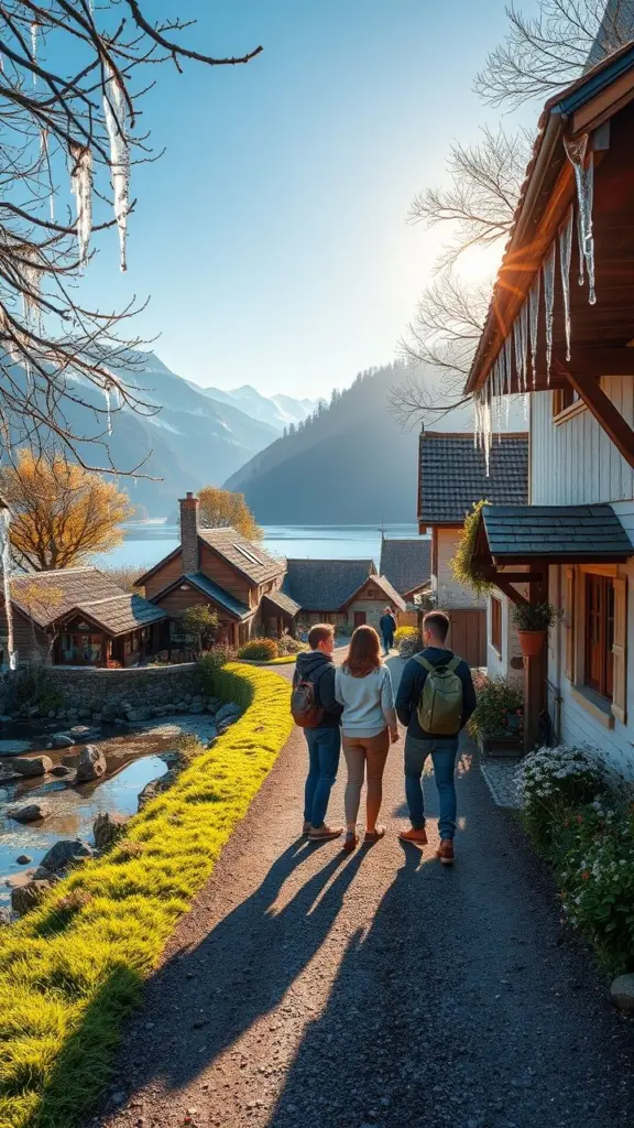 A sunny village scene by a lake with friends, cottages, springs, an oasis, and icicles.