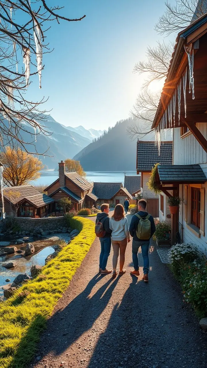 A sunny village scene by a lake with friends, cottages, springs, an oasis, and icicles.