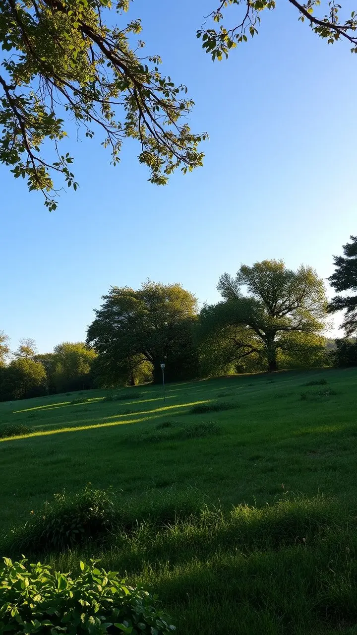 Serene landscape with greenery and blue sky, natural light.