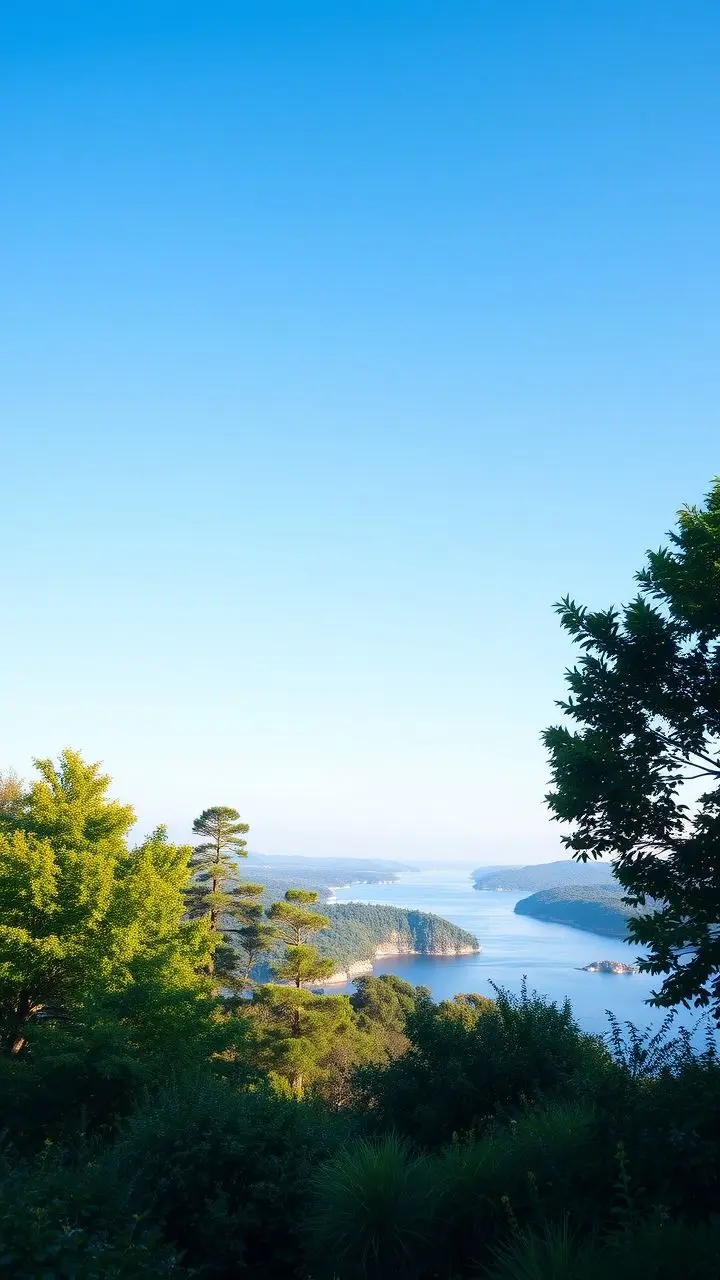 Peaceful outdoor landscape with green foliage and blue sky, balanced lighting.