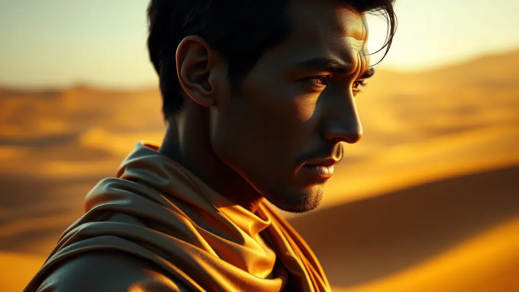 Man in silk, desert backdrop, cinematic lighting.